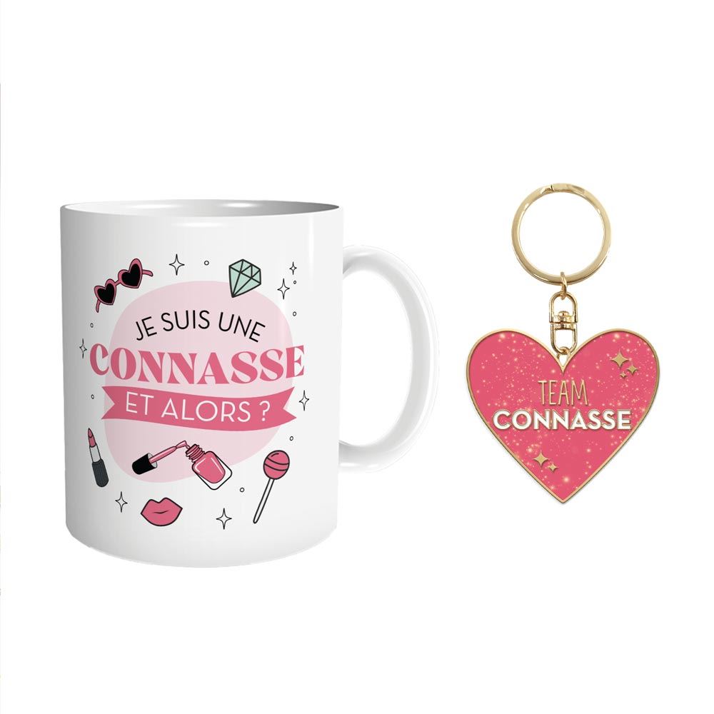 Coffret mug porte cles paillettes connasse
