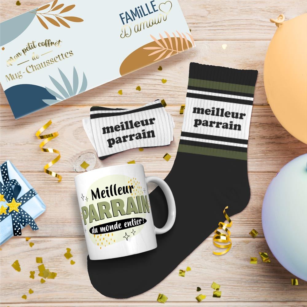 Coffret mug chaussettes meilleur parrain