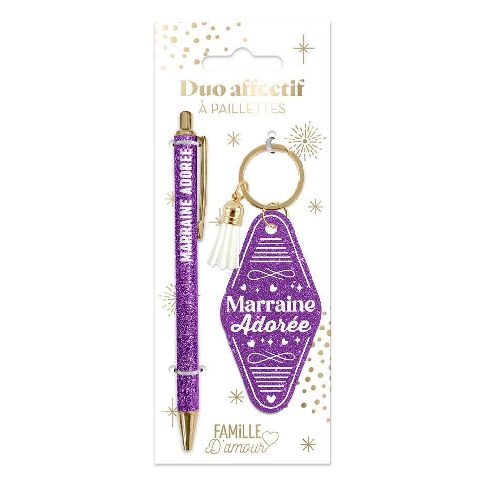 Duo paillettes porte cles motel et stylo marraine adoree