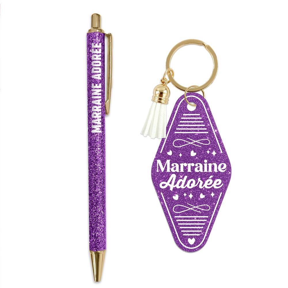 Duo paillettes porte cles motel et stylo marraine adoree
