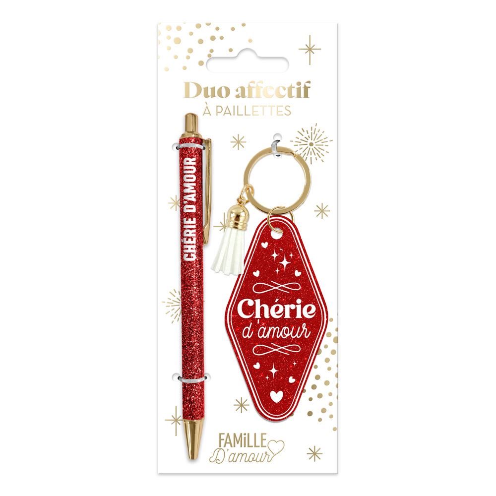 Duo paillettes porte cles motel et stylo cherie d amour