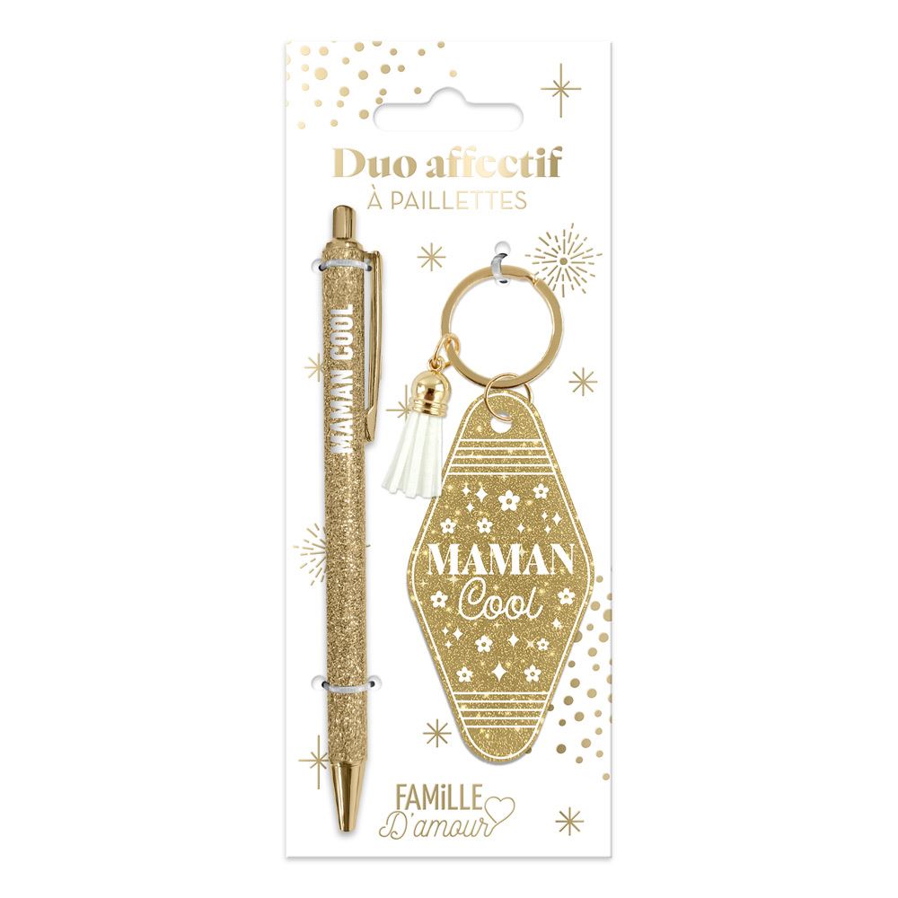 Duo paillettes porte cles motel et stylo maman cool