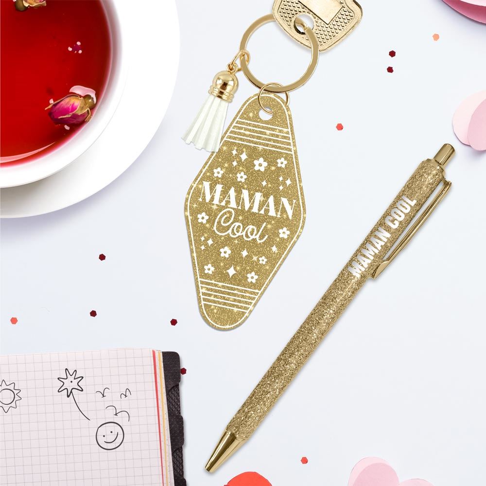 Duo paillettes porte cles motel et stylo maman cool