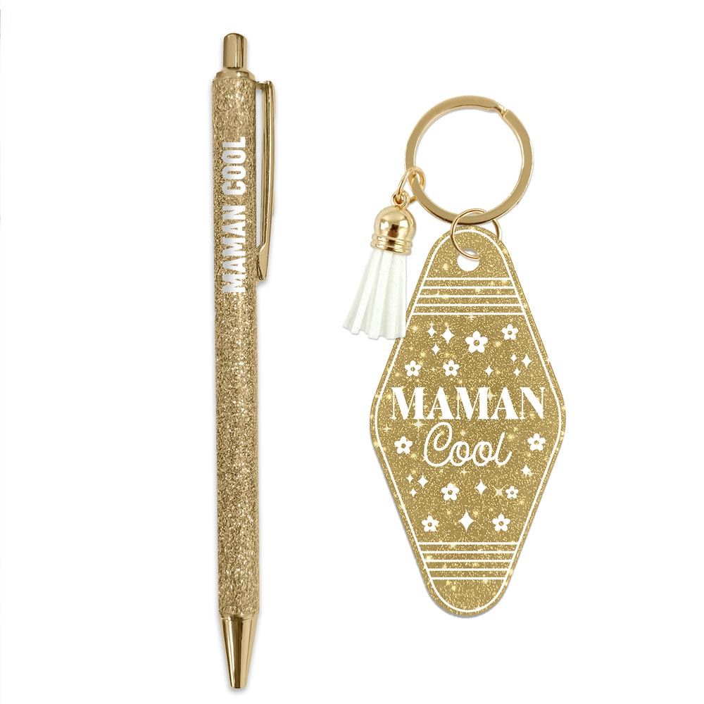 Duo paillettes porte cles motel et stylo maman cool