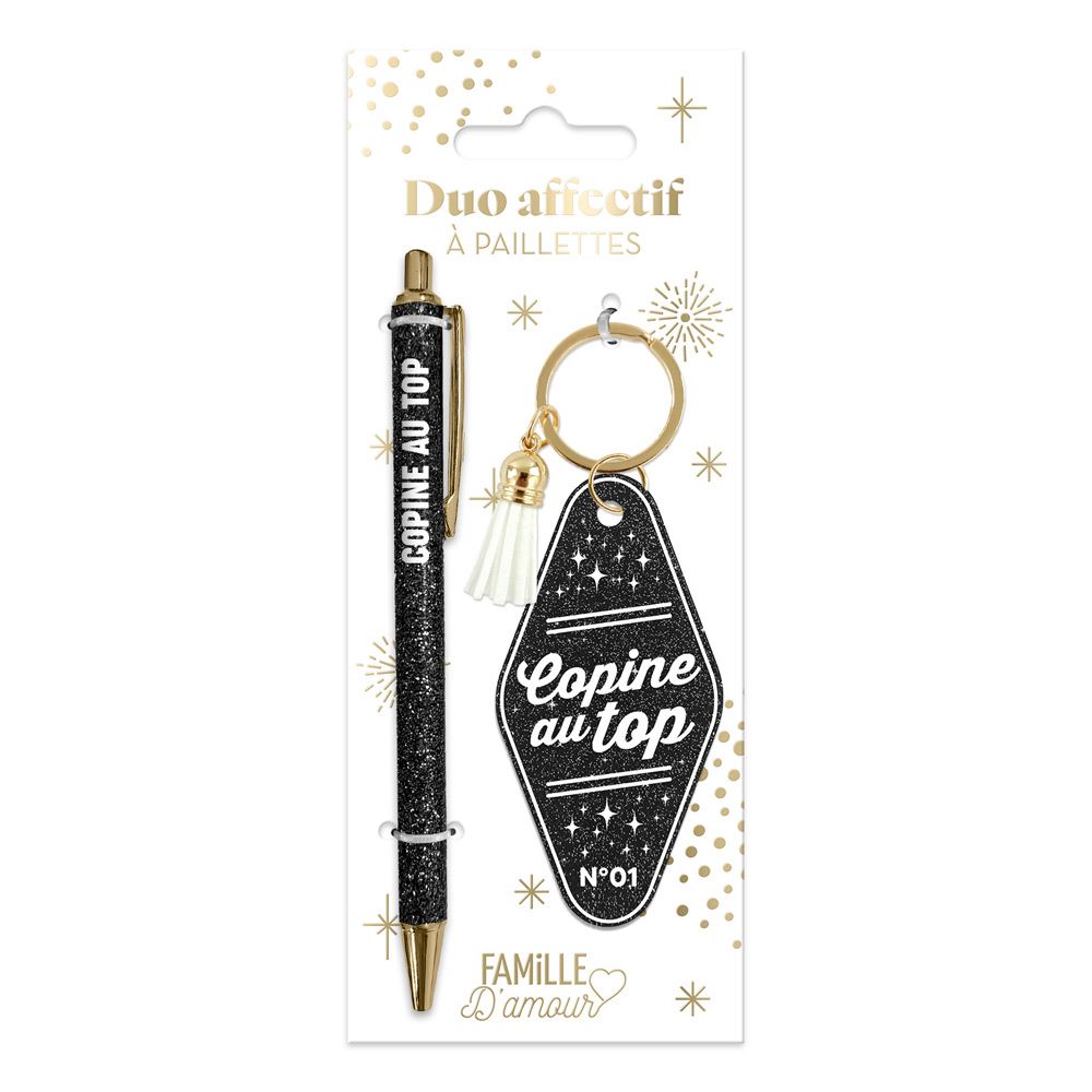 Duo paillettes porte cles motel et stylo copine au top
