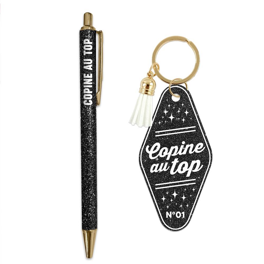 Duo paillettes porte cles motel et stylo copine au top