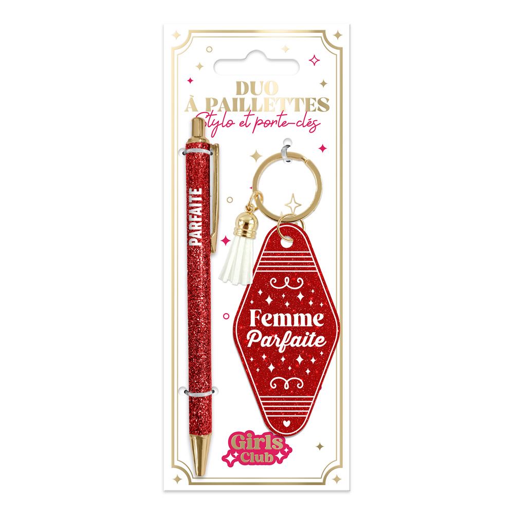 Duo paillettes porte cles motel et stylo parfaite

