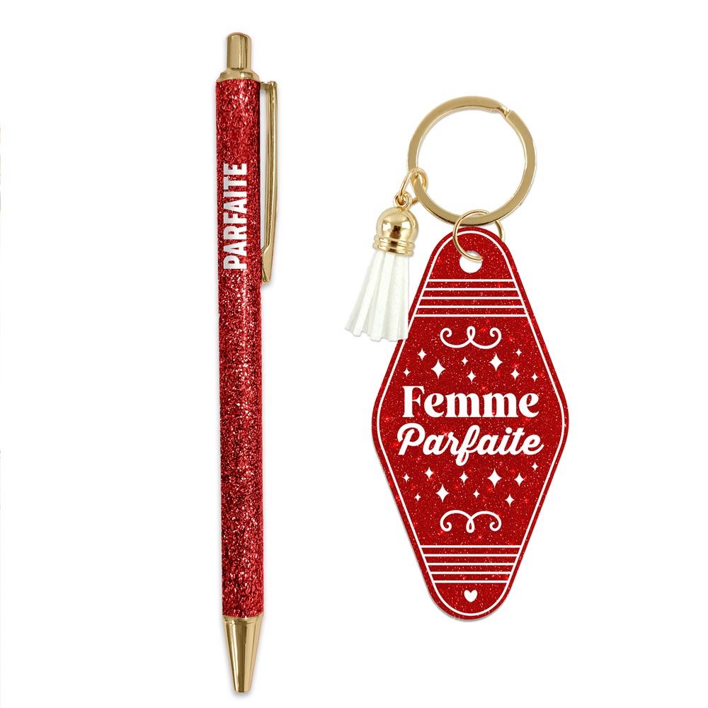 Duo paillettes porte cles motel et stylo parfaite

