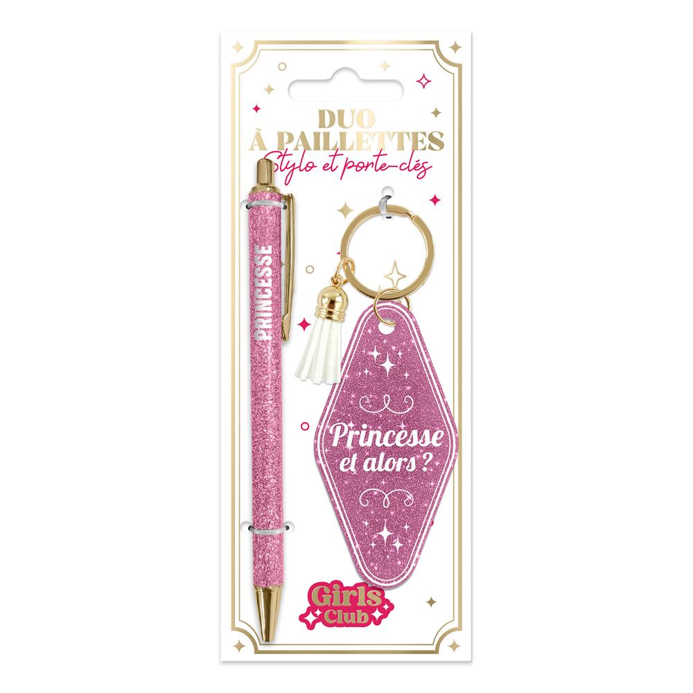 Duo paillettes porte cles motel et stylo princesse

