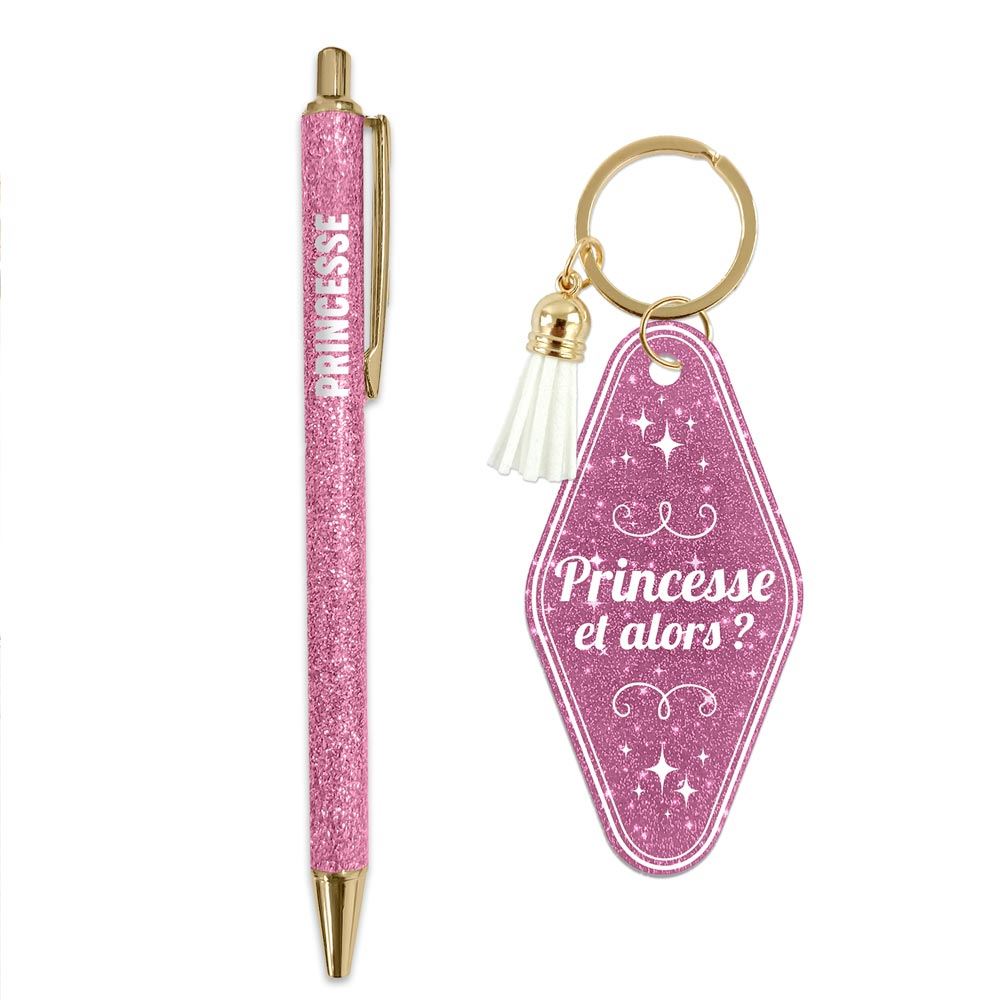 Duo paillettes porte cles motel et stylo princesse

