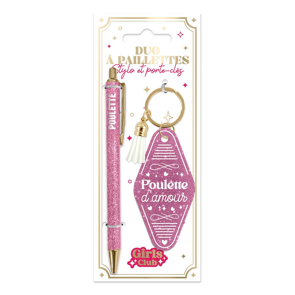 Duo paillettes porte cles motel et stylo poulette
