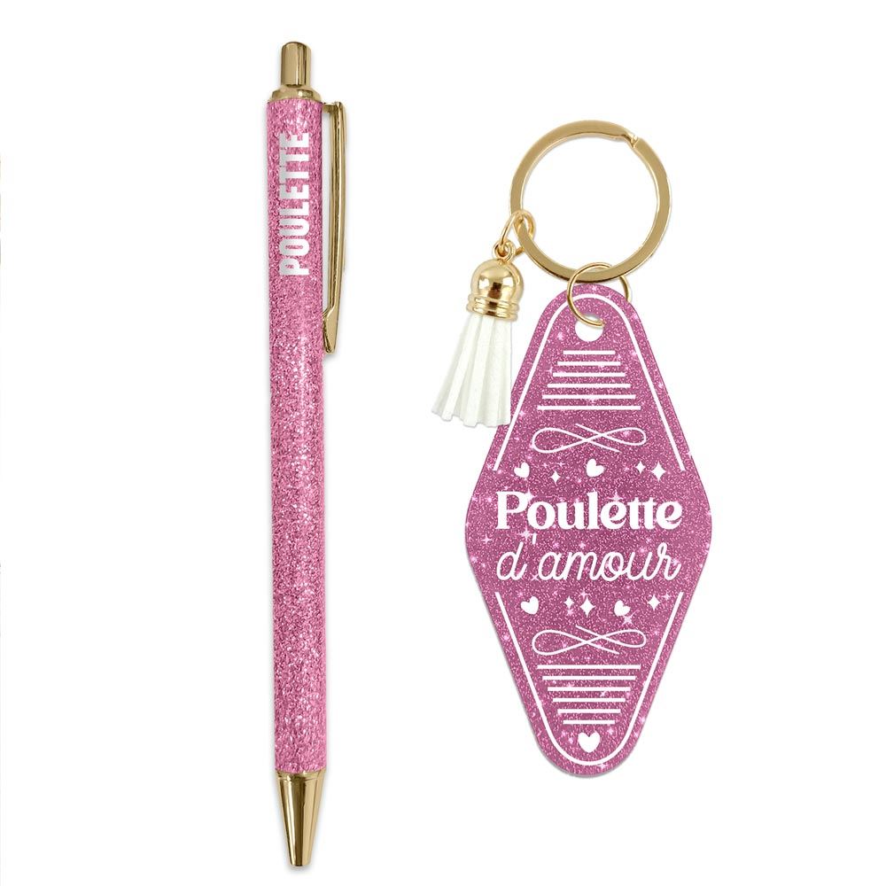 Duo paillettes porte cles motel et stylo poulette
