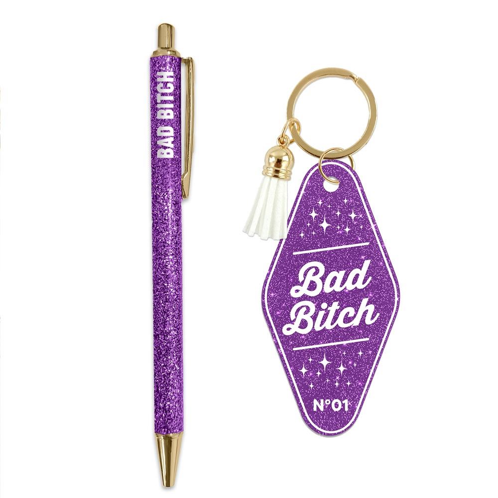 Duo paillettes porte cles motel et stylo bad bitch
