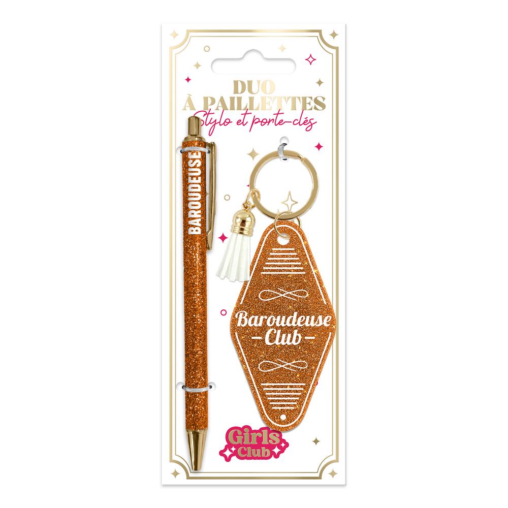 Duo paillettes porte cles motel et stylo baroudeuse

