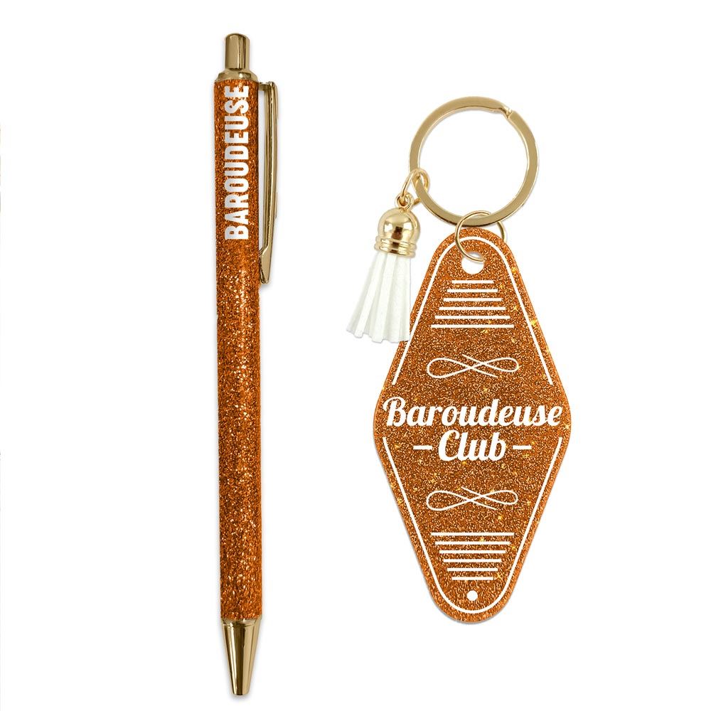 Duo paillettes porte cles motel et stylo baroudeuse

