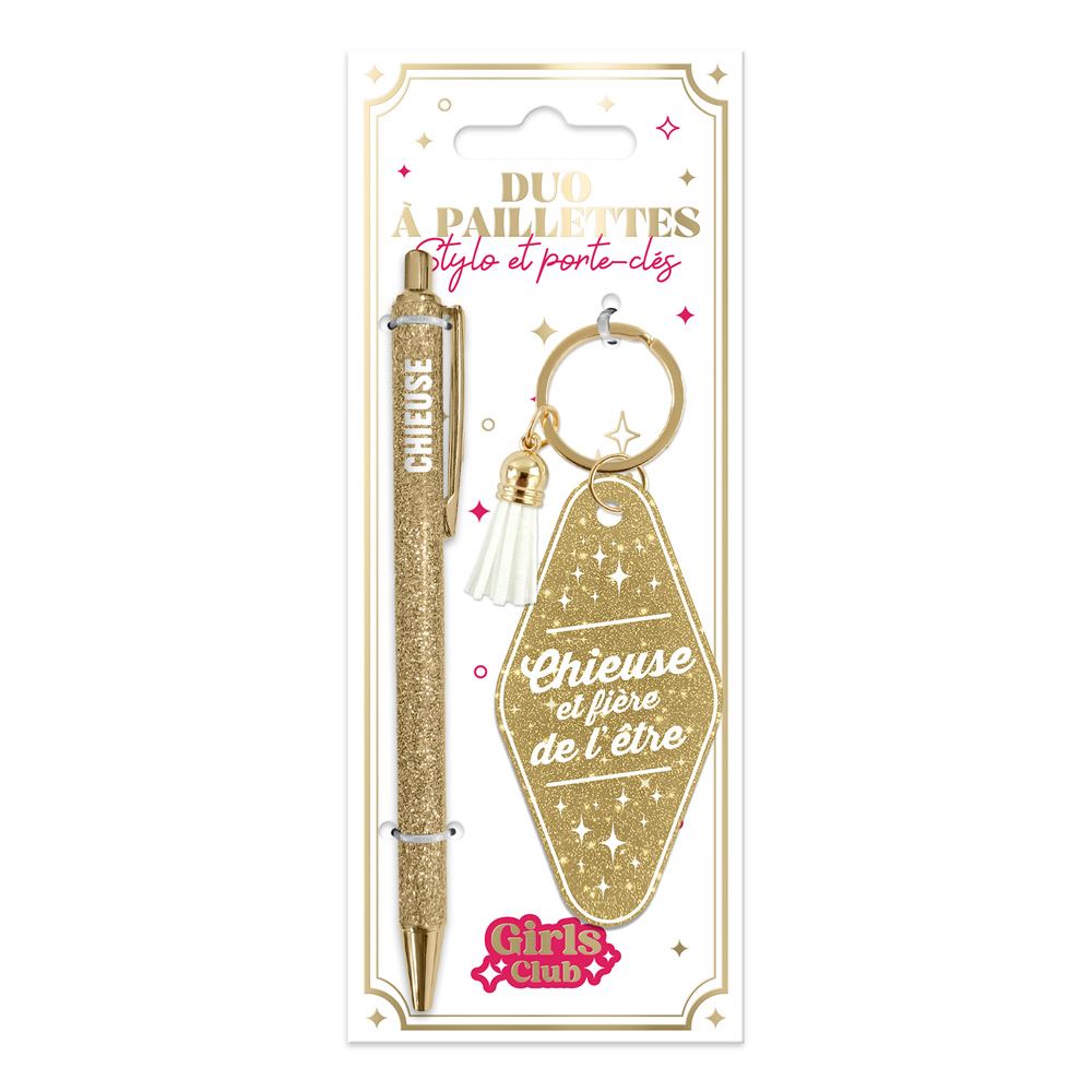 Duo paillettes porte cles motel et stylo chieuse

