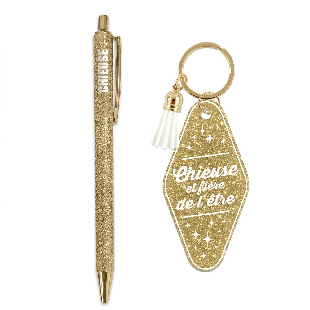 Duo paillettes porte cles motel et stylo chieuse

