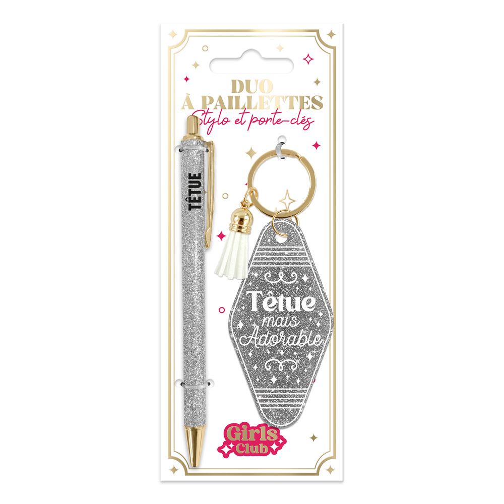 Duo paillettes porte cles motel et stylo tetue

