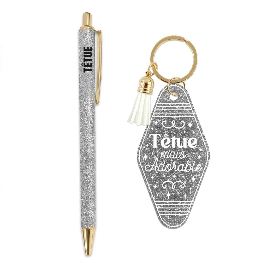 Duo paillettes porte cles motel et stylo tetue

