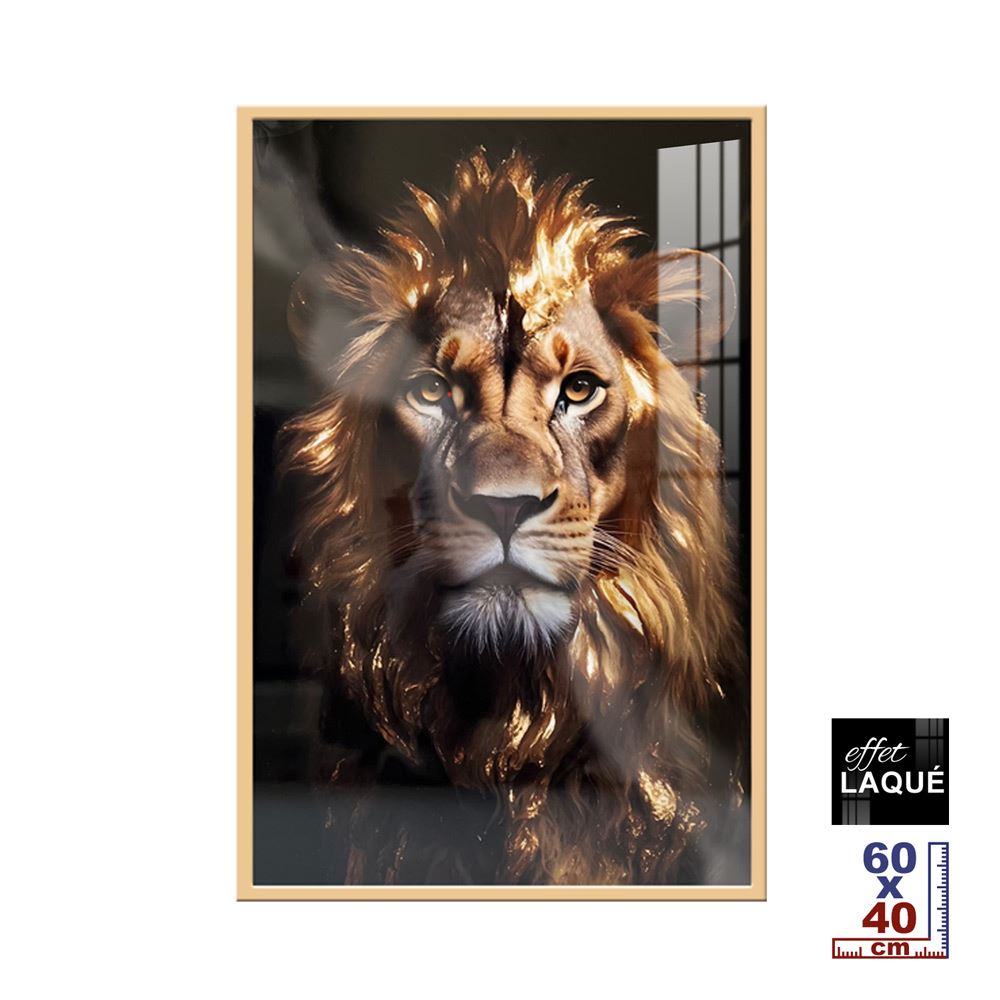 Toile effet laquee cadre en bois 40x60cm lion