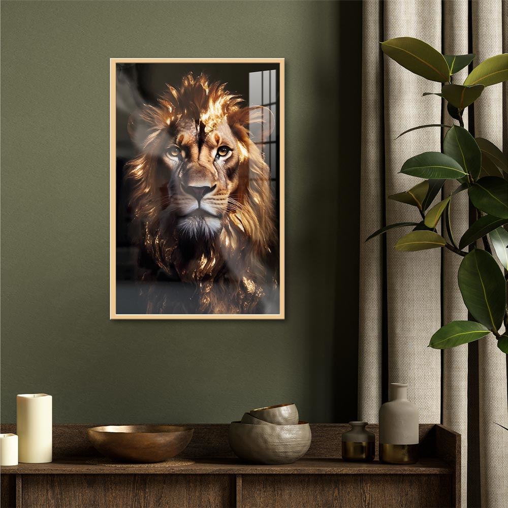 Toile effet laquee cadre en bois 40x60cm lion