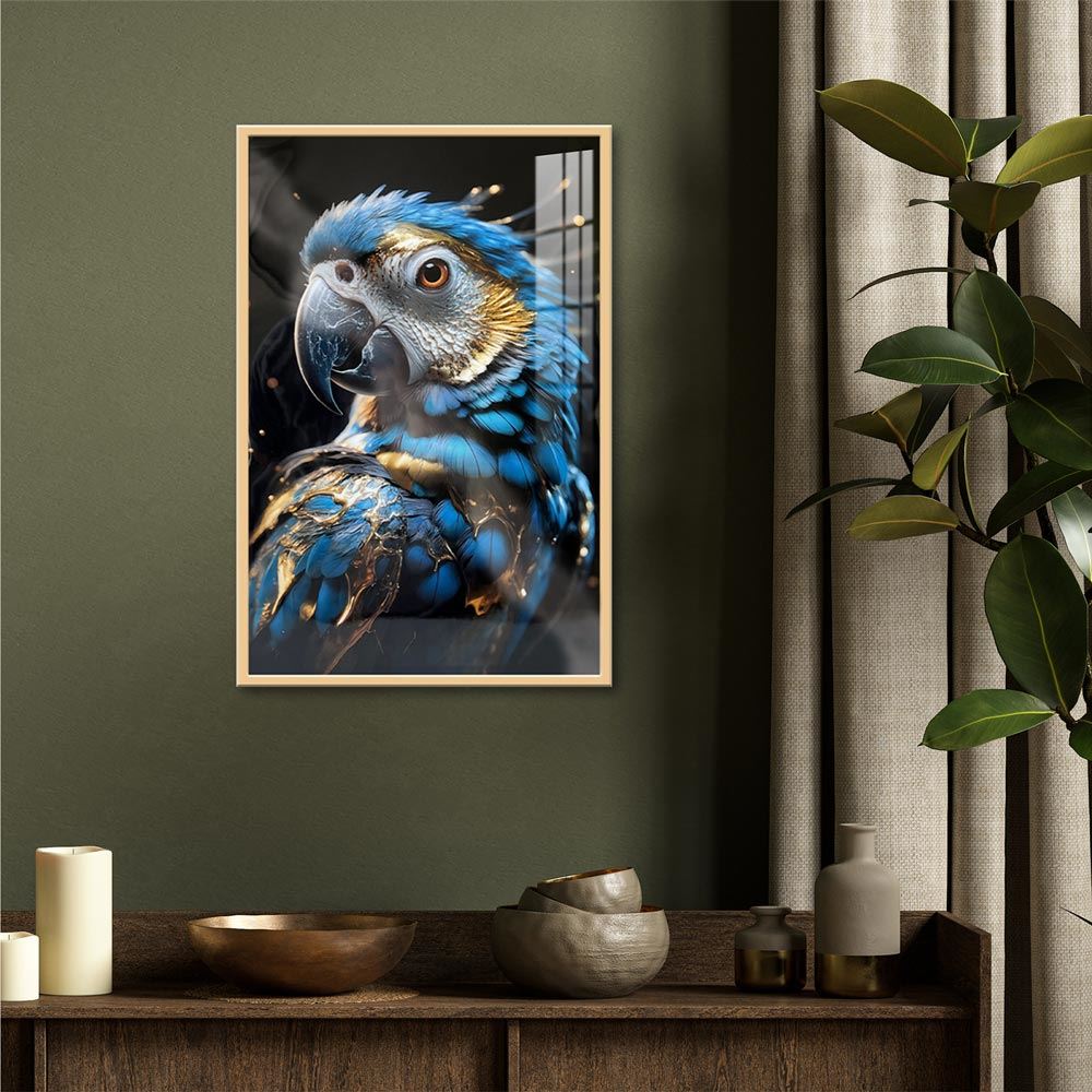 Toile effet laquee cadre en bois 40x60cm perroquet