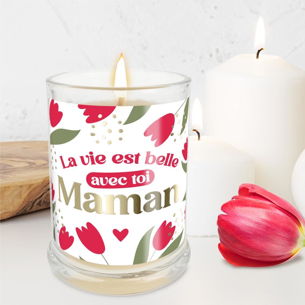 Bougie verre coton la vie est belle avec toi maman