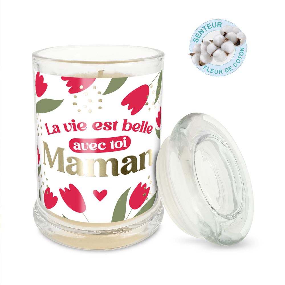 Bougie verre coton la vie est belle avec toi maman