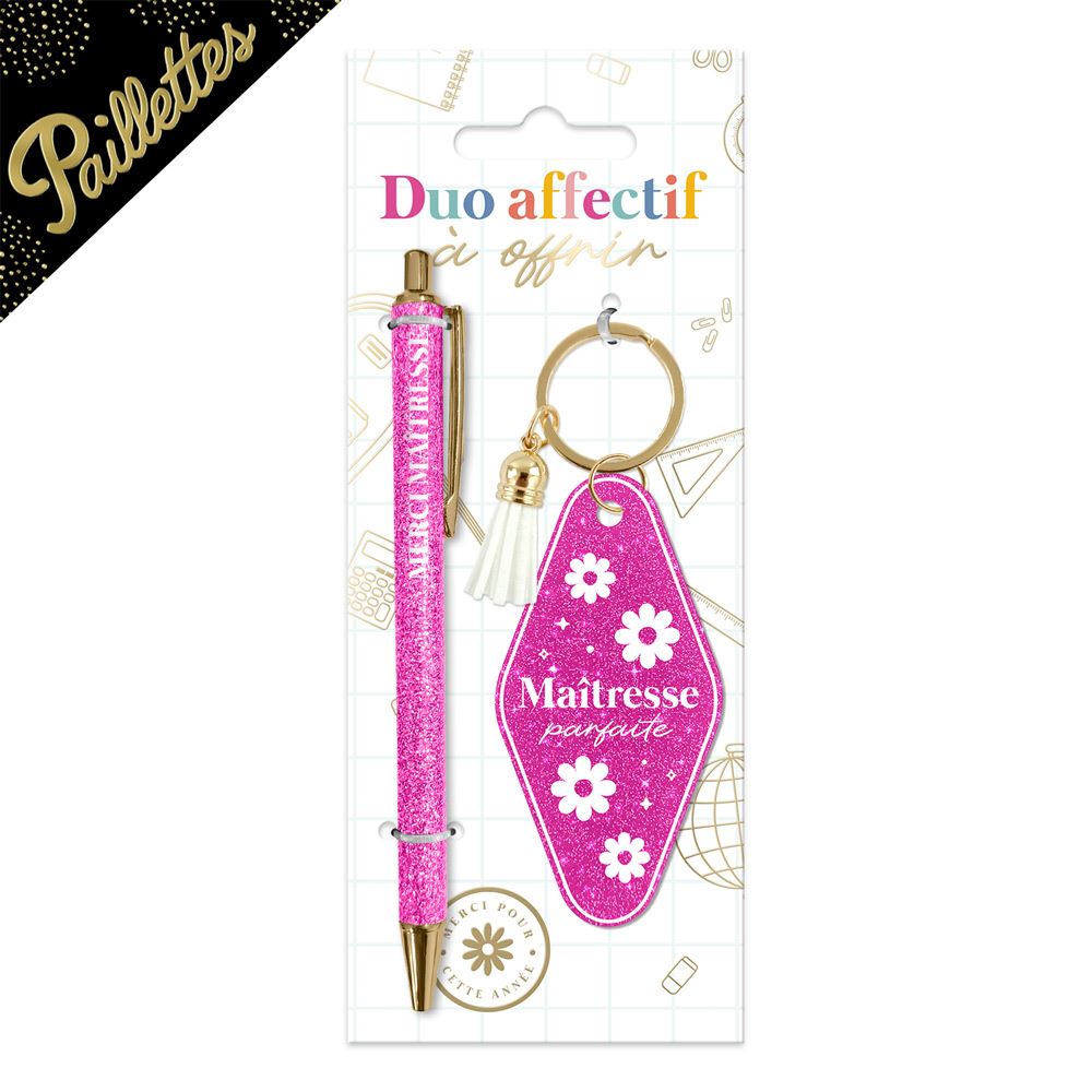 Duo paillettes porte-cles motel et stylo maitresse parfaite