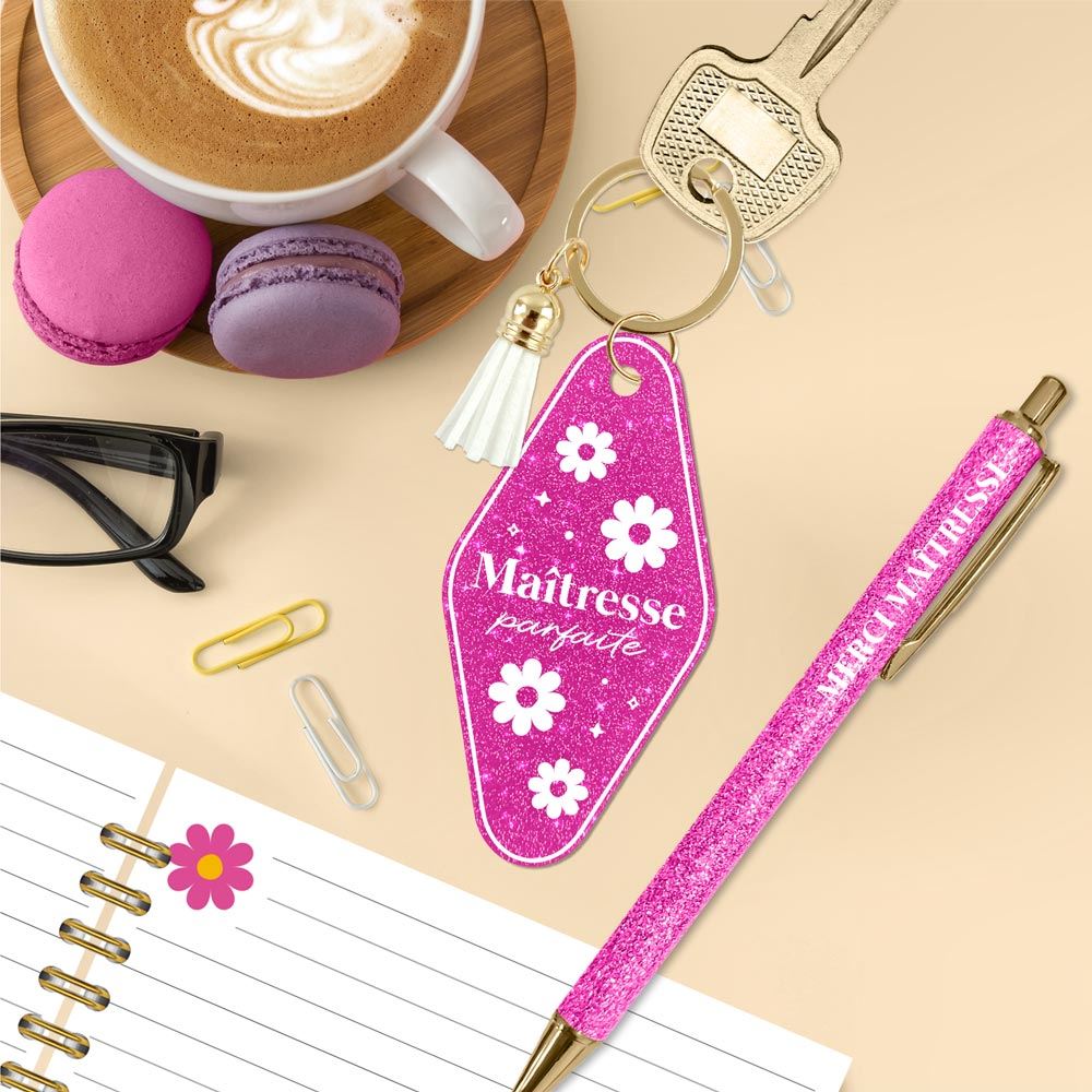 Duo paillettes porte-cles motel et stylo maitresse parfaite