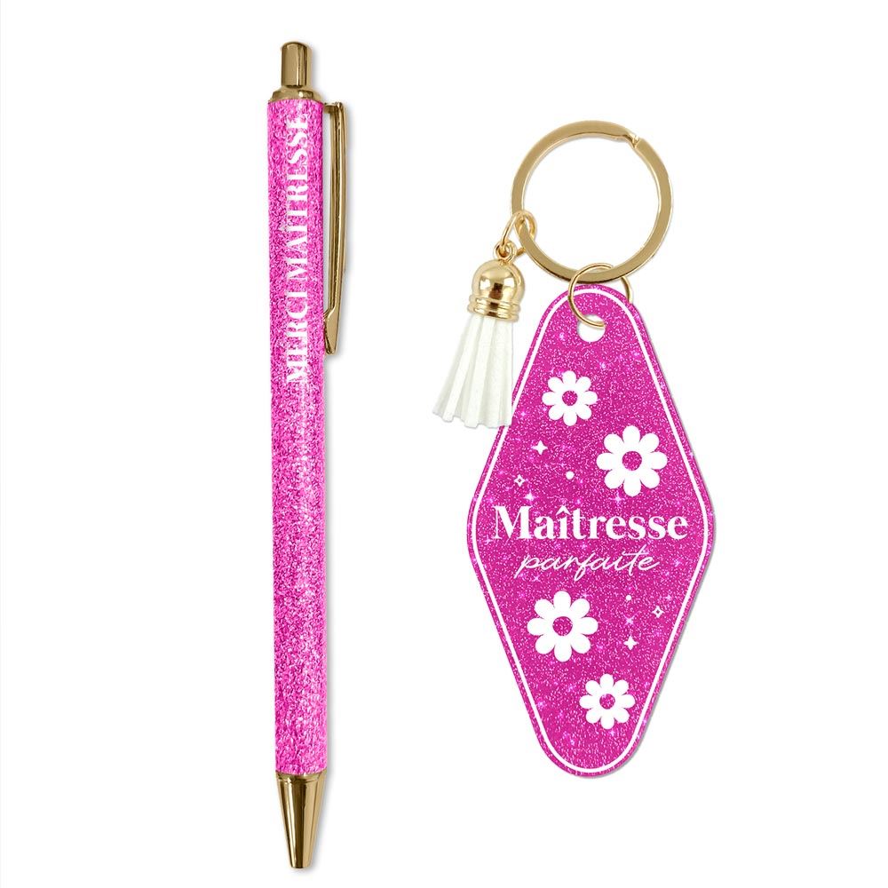 Duo paillettes porte-cles motel et stylo maitresse parfaite