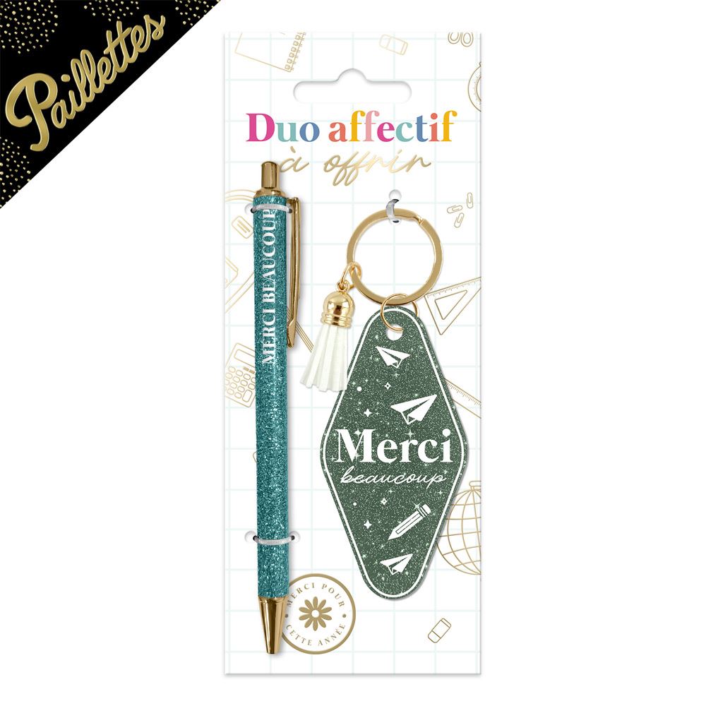 Duo paillettes porte-cles motel et stylo merci beaucoup
