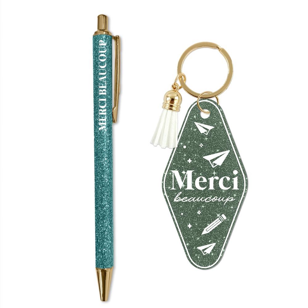 Duo paillettes porte-cles motel et stylo merci beaucoup
