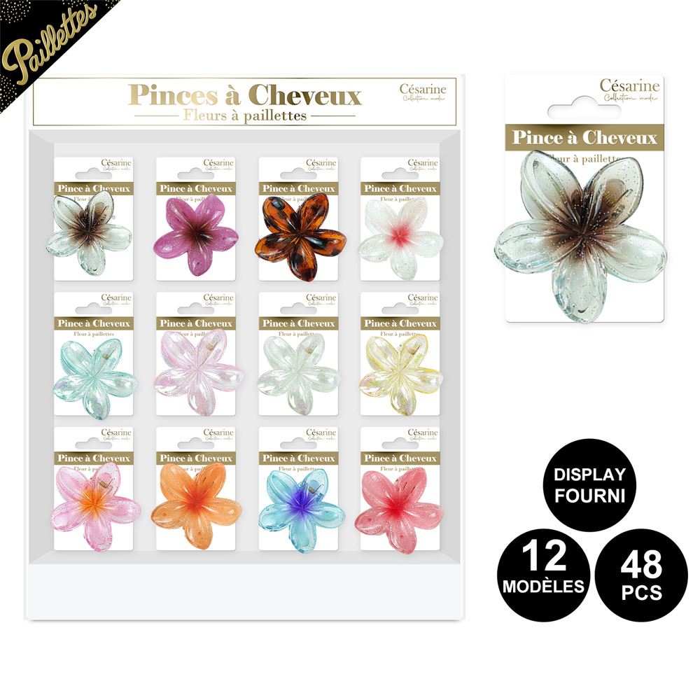 Display pince cheveux fleurs paillettes 12mods /48pcs