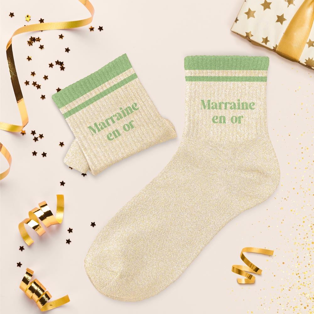 Chaussettes paillettes a bandes marraine en or