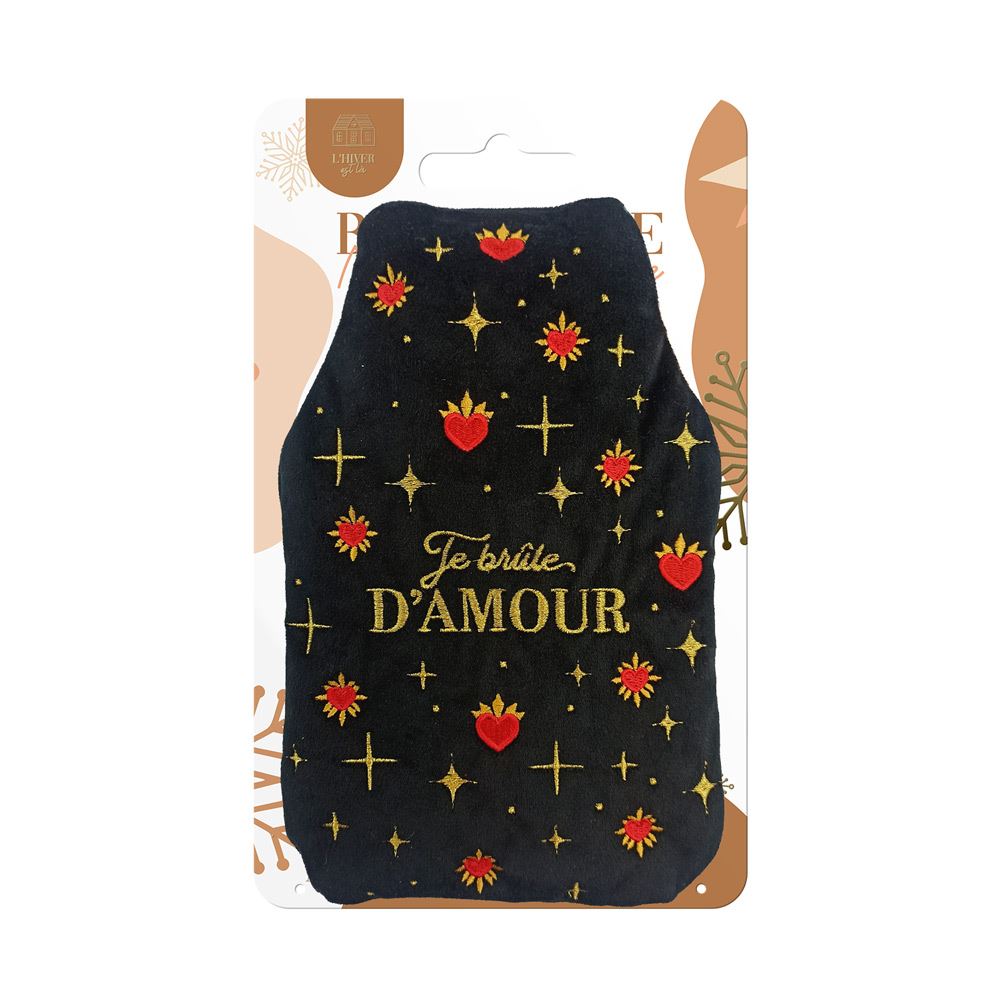 Bouillotte velours brodees noyaux de cerises je brule d'amour