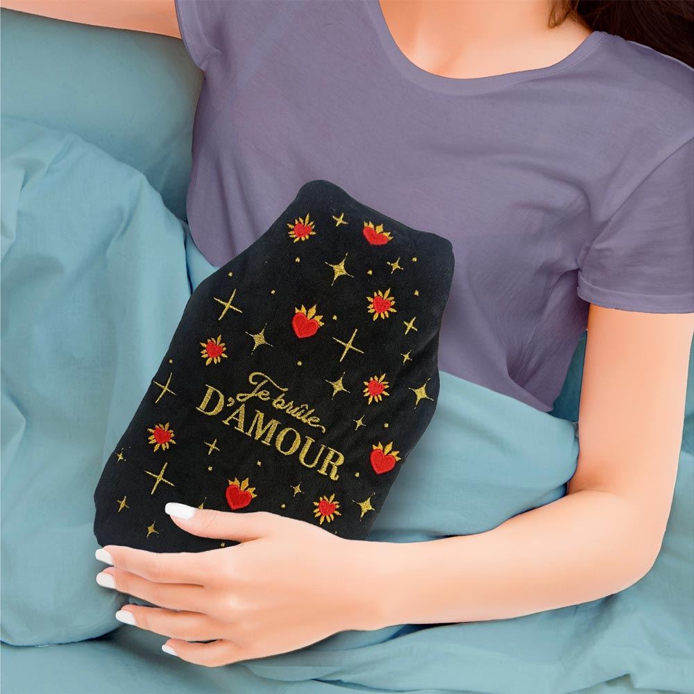 Bouillotte velours brodees noyaux de cerises je brule d'amour