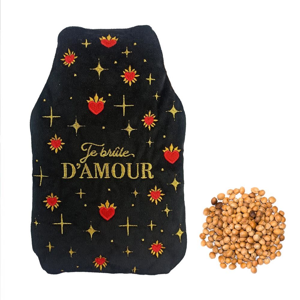 Bouillotte velours brodees noyaux de cerises je brule d'amour