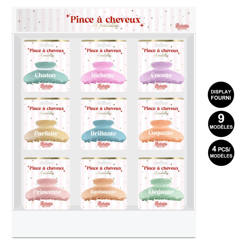 Display pinces cheveux paillettes 9mods /36pcs
