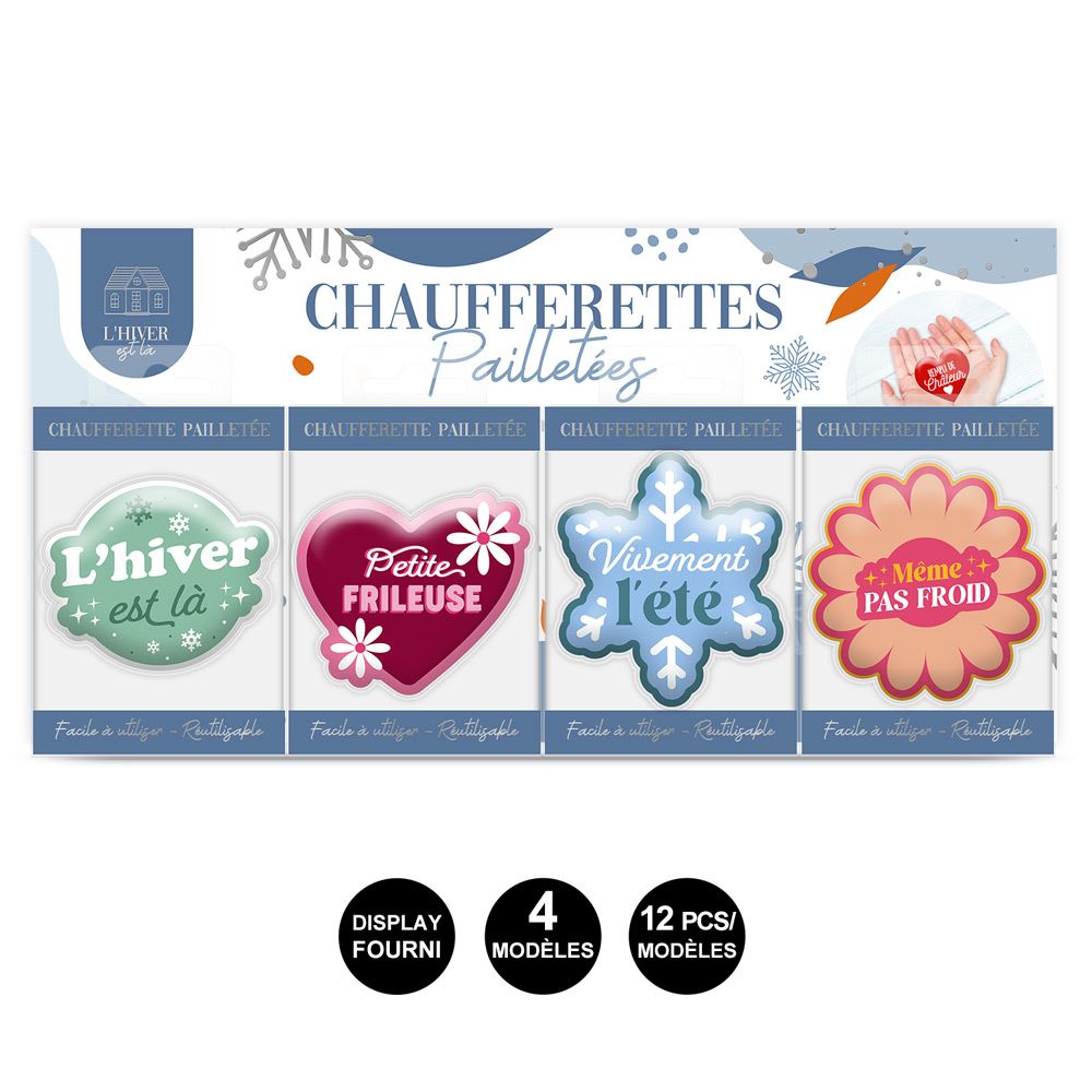 Chaufferettes paillettes texte 4mods /48pcs