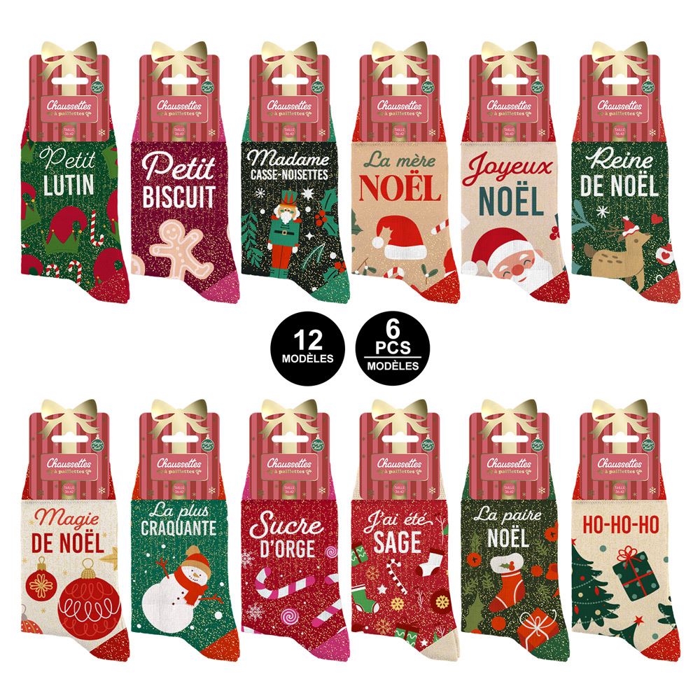 Chaussettes paillettes kitch de noel 12mods/ 72pcs
