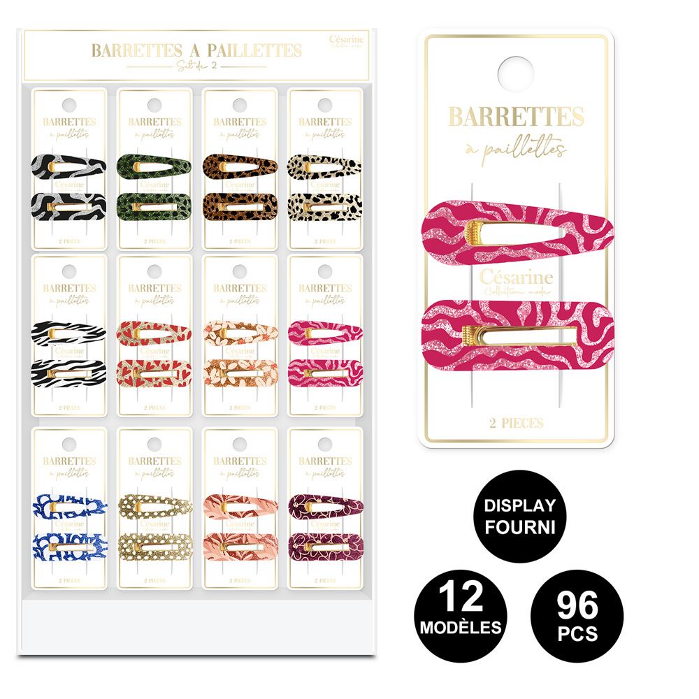 Display barrettes paillettes motifs 12 mods