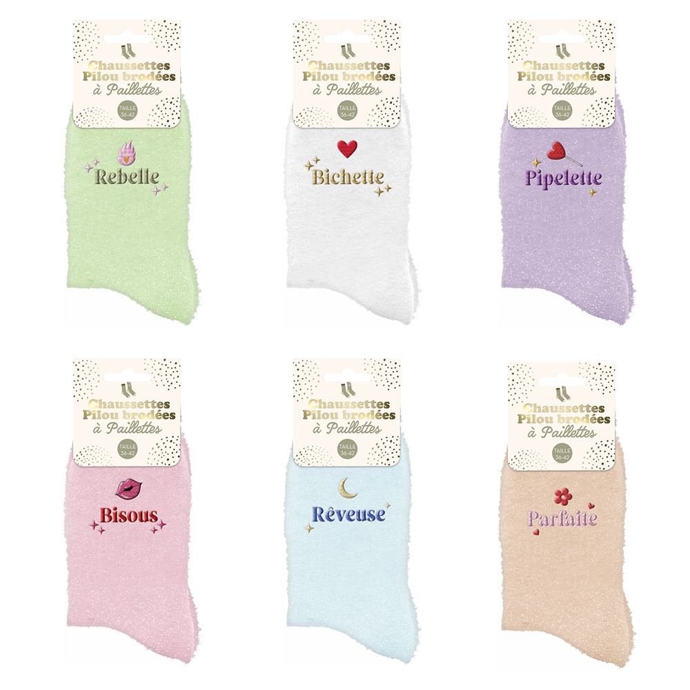 Chaussettes pilou brodees a paillettes 6mods/36pcs