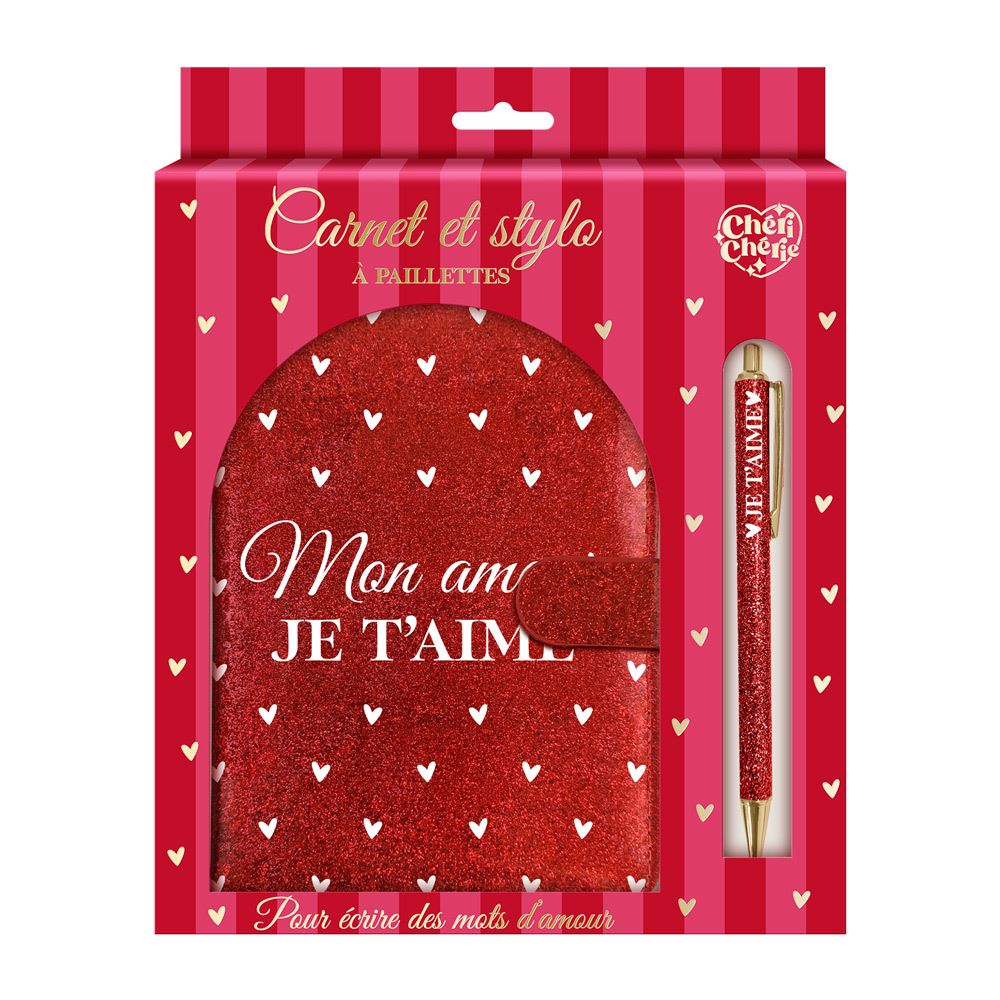 Coffret carnet notes stylo paillettes cŒur