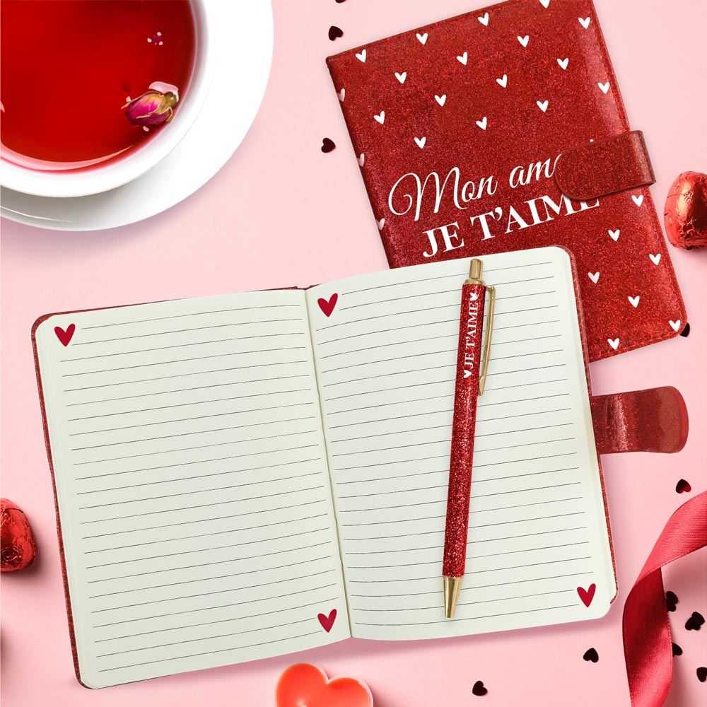 Coffret carnet notes stylo paillettes cŒur