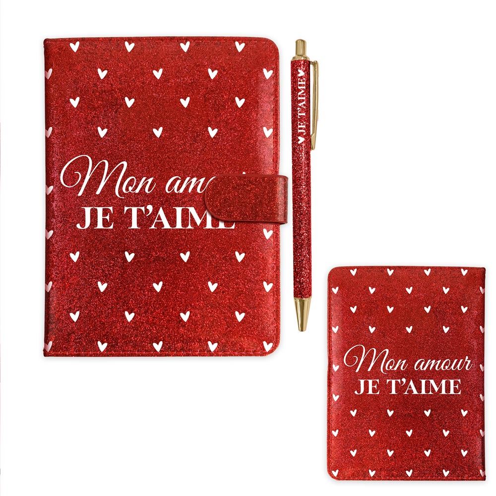 Coffret carnet notes stylo paillettes cŒur