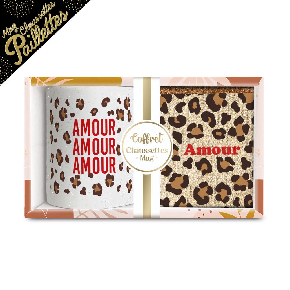 Coffret mug chaussettes paillettes leopard amour