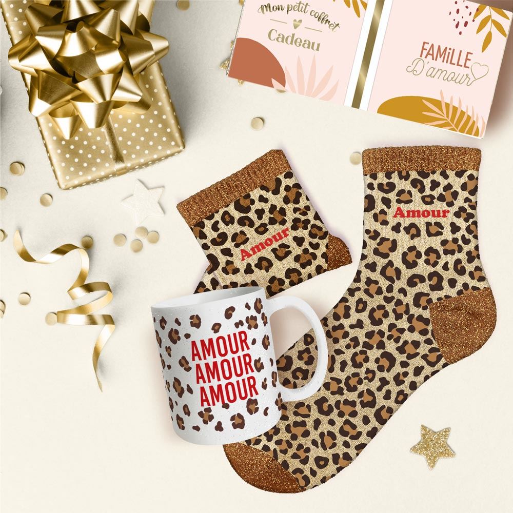 Coffret mug chaussettes paillettes leopard amour