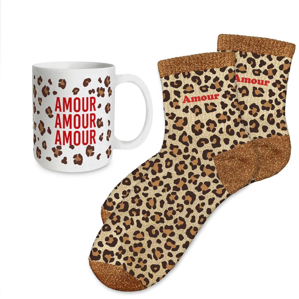 Coffret mug chaussettes paillettes leopard amour