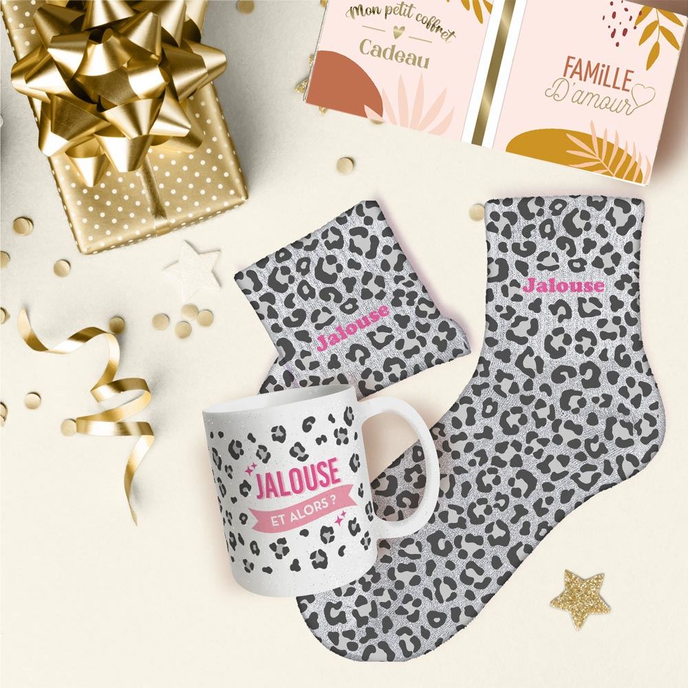 Coffret mug chaussettes paillettes leopard jalouse